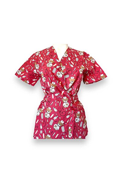 DEMOTEKS Kimono medical blouse, red with print, women - Medical Uniform Model - Teddy Bear