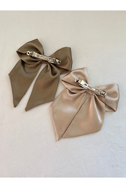 vikivin bebe Khaki Bright Green & Champagne Beige – Set of 2 Satin Bow Tie Clips (8 cm Automatic Clip)