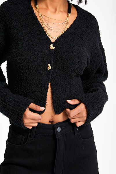 its basic Women's Black Color W5-1 Accessory Detailed Tasseled Fabric Sweater Cardigan