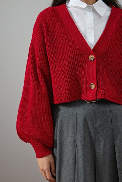 Ceylan Otantik Red Balloon Sleeve Knitwear Cardigan