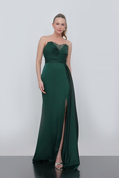Dans Tekstil Straplez Yırtmaçlı Uzun Dar Kesim Abiye Elbise Zümrüt Yeşili
