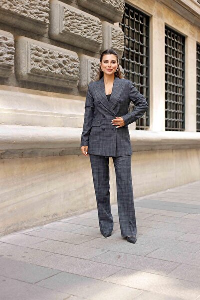 LOVELF 6 Düğmeli Kruvaze Ekose Takım Lacivert