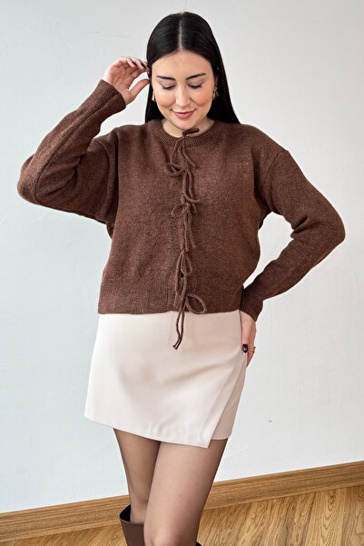 Cappmoda Trk-5318 Brown Front Tie Casual Knit Cardigan