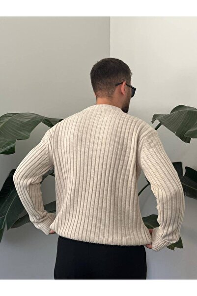 Gambocci Men's Oversized Lightweight Loose Knitwear Self-Striped Crew Neck Knitted Sweater
