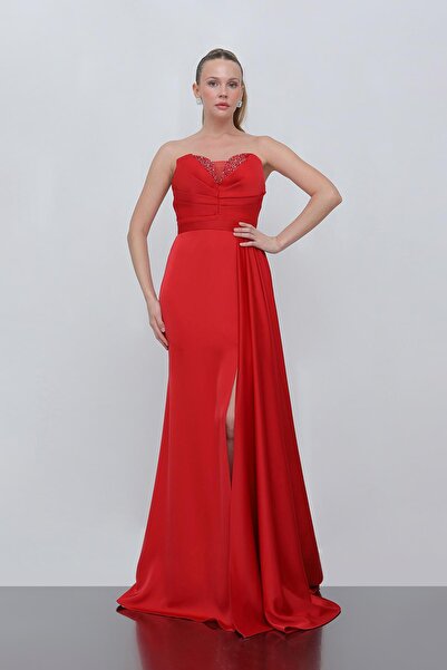 Dans Tekstil Straplez Yırtmaçlı Uzun Dar Kesim Abiye Elbise Kırmızı