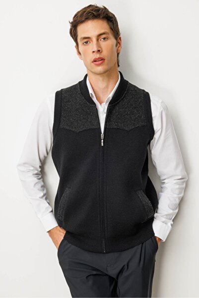 Desen Triko Men's Judge Collar Felt Wool Vest with Chest and Pocket Black