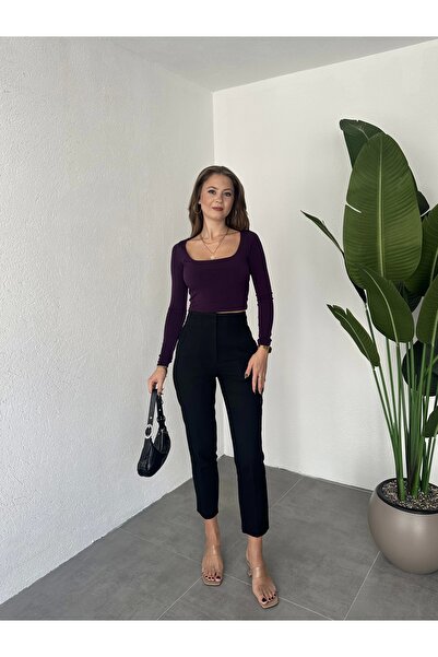 asfamoda Kadın Mor Kare Yaka Parmak Geçirmeli Uzun Kol Candy Body Bluz