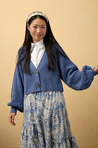 Ceylan Otantik Indigo Balloon Sleeve Knit Cardigan