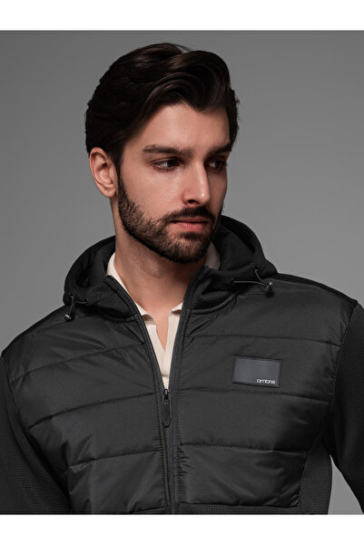 OMBRE Men's lightweight jacket with hood and decorative quilting - black V5 OM-JANP-0160