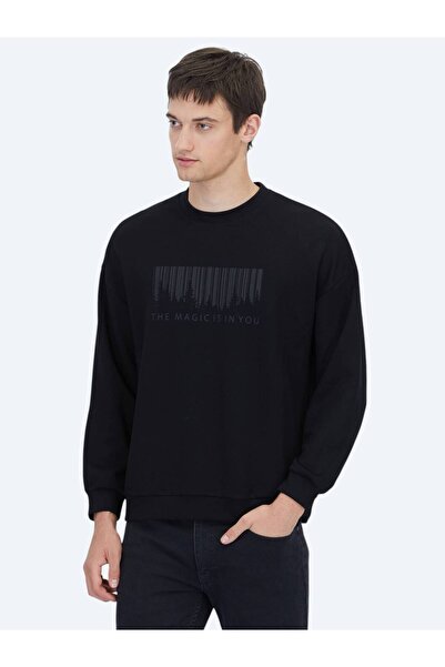 Kip Siyah Bisiklet Yaka Baskılı Sweatshırt