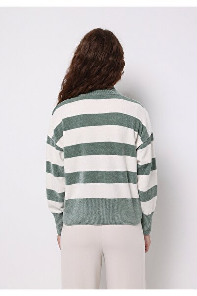 Colin's Regular Fit Round Neck Striped Women's Green Sweater