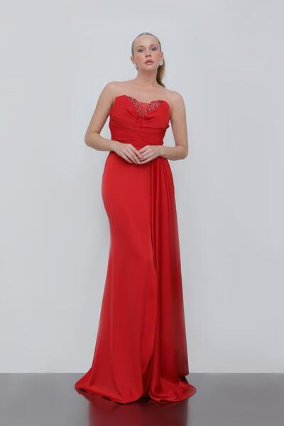 Dans Tekstil Straplez Yırtmaçlı Uzun Dar Kesim Abiye Elbise Kırmızı