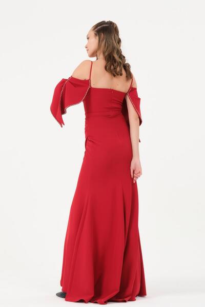 Dans Tekstil Taş Detaylı Volan Kol Yırtmaçlı Uzun Dar Kesim Abiye Elbise Kırmızı