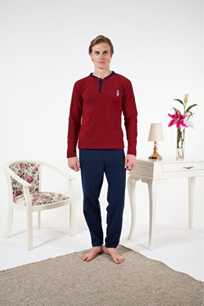 Estiva Μονόχρωμο Σετ Ανδρικής Πιτζάμα με μακρυμάνικο φλις