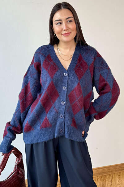Cappmoda Trk-8182 Burgundy-Navy Blue Knitted Cardigan with Diamond Pattern Oversize Cardigan