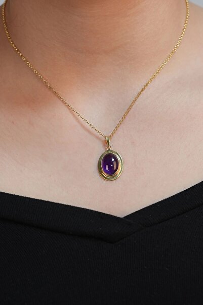 Baskın gümüş 14 K Gold Kaplama 925 Ayar Gümüş Doğal Ametist Oval Sevgiliye Kolye