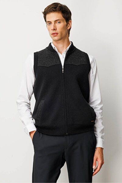 Desen Triko Men's Judge Collar Felt Wool Vest with Chest and Pocket Black