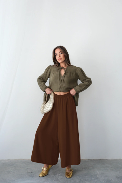 Hatun Atila Beli Lastikli Geniş Kesim Kloş Double Krep Pantolon Etek - Kahver...