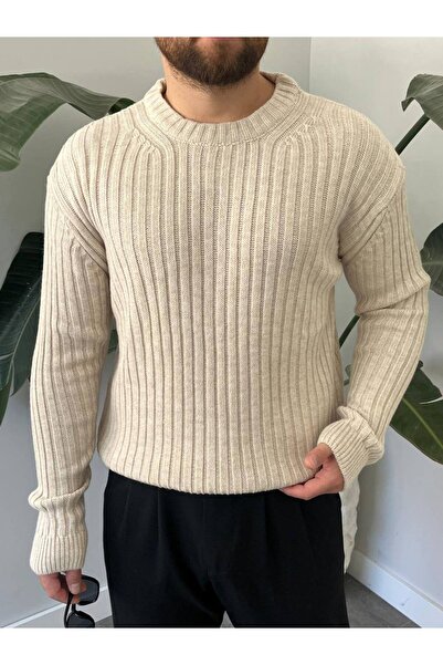 Gambocci Men's Oversized Lightweight Loose Knitwear Self-Striped Crew Neck Knitted Sweater