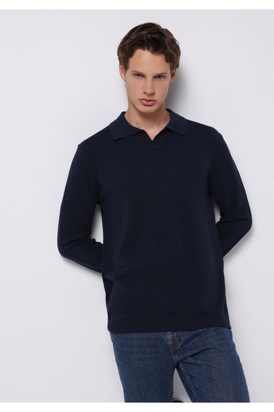 Colin's Regular Fit Polo Neck Jacquard Men's Navy Blue Sweater