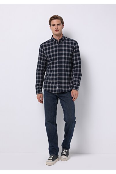 Colin's Slim Fit Shirt Neck Ekoseli Erkek Lacivert Uzun Kol Gömlek