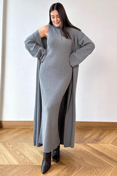 Cappmoda Tkm-13349 Gray Knitwear Cardigan & Ribbed Half-High Neck Sleeveless Dress Two-Piece Set