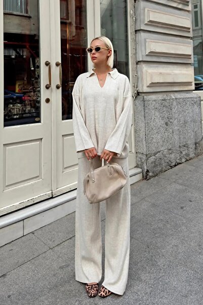 solena sln Women's Polo Neck Oversize Sweater-Pants Knit Women's Bottom-Top Set