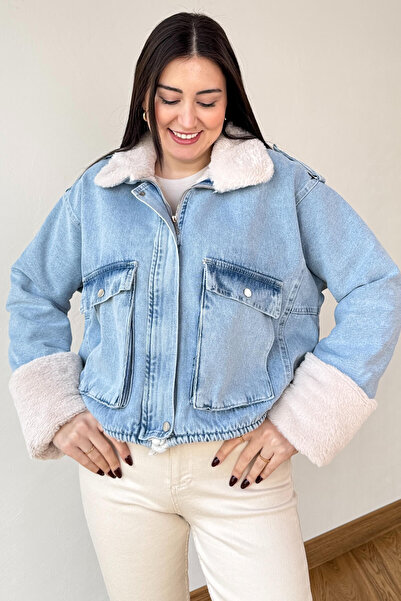 Cappmoda Ckt-3014 Blue Fur Lined Zippered Oversize Denim Jacket