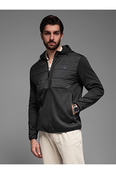 OMBRE Men's lightweight jacket with hood and decorative quilting - black V5 OM-JANP-0160