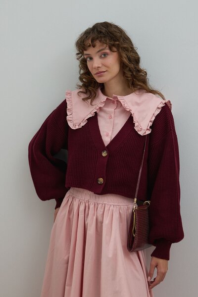 Ceylan Otantik Burgundy Balloon Sleeve Knitwear Cardigan