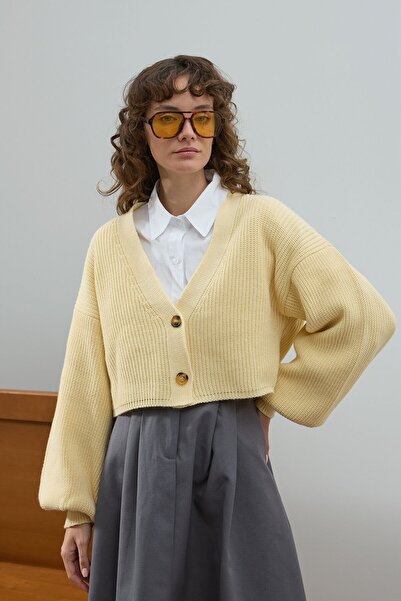 Ceylan Otantik Butter Yellow Balloon Sleeve Knit Cardigan