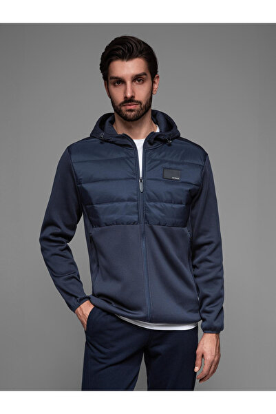 OMBRE Men's lightweight jacket with hood and decorative quilting - navy blue V4 OM-JANP-0160