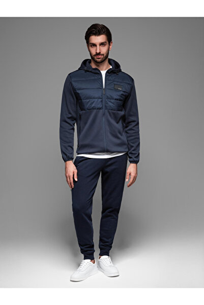 OMBRE Men's lightweight jacket with hood and decorative quilting - navy blue V4 OM-JANP-0160