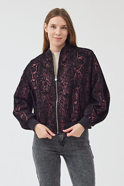 DOLCEBELLA Kadın Jakar Desenli Full Fermuar Kapamalı Ribana Yaka Detaylı Ceket