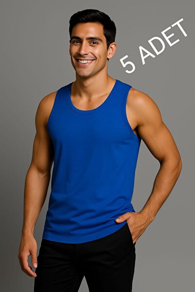 enmodaiçgiyim Blue 5-Pack 100% Cotton Combed Classic Men's Tank Tops – Breathable, Comfortable Fit, Casual