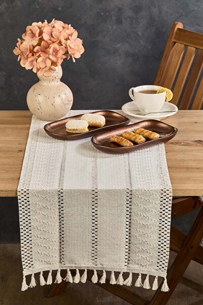 Lora Bianca مفرش طاولة من القطن الكريمي الريفي مقاس 35 × 145 سم