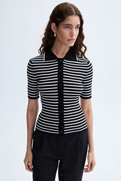 Mudo Striped Polo Neck Button Detail Knitwear Sweater