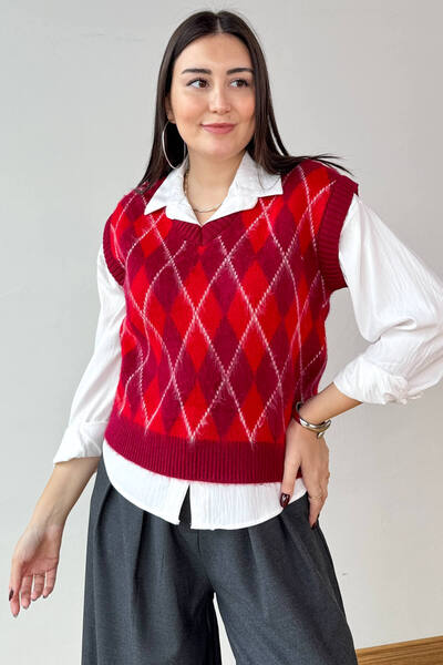 Cappmoda Trk-8183 Burgundy Knitted Sweater with Diamond Pattern and V-Neck
