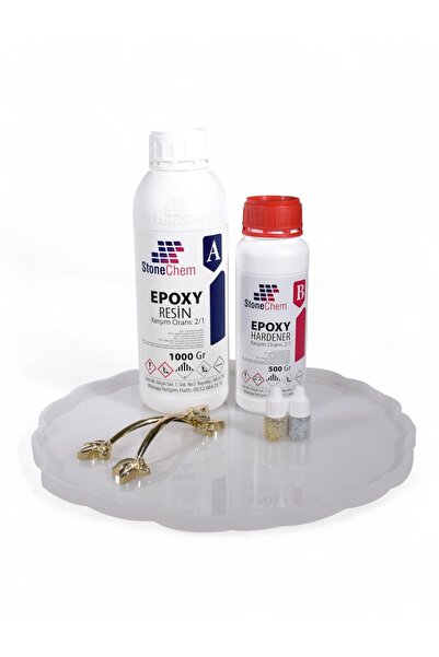 stonechem Epoksi Reçine 1,5 kg - 33,5 cm Tırtıklı Tepsi Kalıbı - Gümüş&Gold Sim - Çelik Gold Zamak Kulp