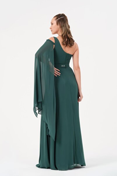 Dans Tekstil Tek Omuz Kuşak Detaylı Şifon Dar Kesim Abiye Elbise Zümrüt Yeşili