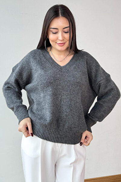 Cappmoda Trk-8989 Smoked Oversize V-Neck College Sweater