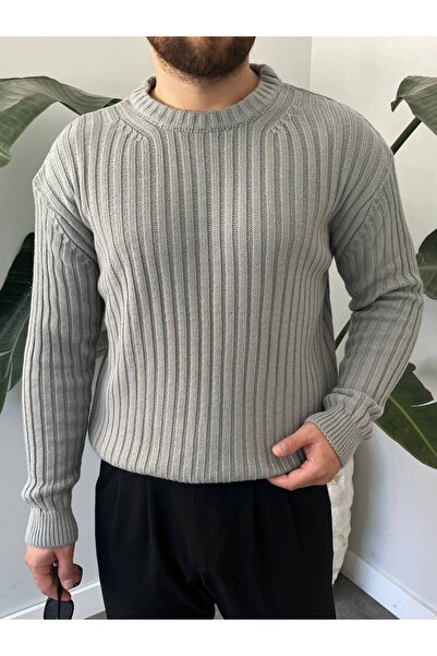 Gambocci Men's Oversized Lightweight Loose Knitwear Self-Striped Crew Neck Knitted Sweater