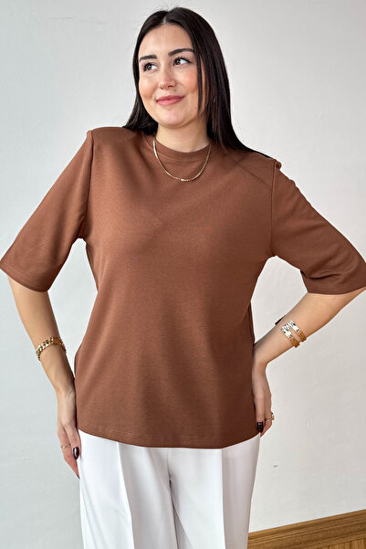 Cappmoda Blz-1831 Brown Cotton Steel Knitted Fabric Padded Premium Blouse
