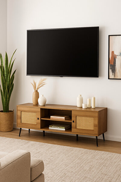MARIA HOMES حامل تلفزيون خشبي بني بأبواب من الخيزران | خزانة تلفزيون عصرية مع أرفف ومساحة تخزين | ٢٠٠×٤٠×٥٠ سم