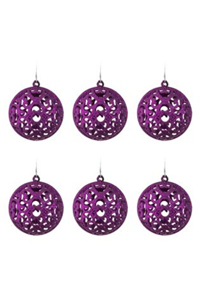 Jumbo Set Christmas Tree Globes Purple with Perforated Pattern & Glitter Ø8 cm - 6 pcs
