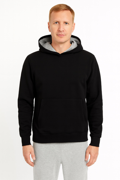 Cottonland Unisex Campus Three Thread Hooded Sweatshirt with Front Pocket Without Print Black
