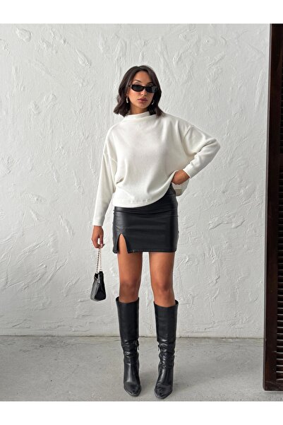 peralist Women's Ecru Soft Camisole Fabric Stand Collar Batwing Sleeve Blouse