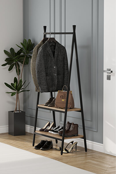 ED Efelez Design Jade Konfeksiyon Elbise Askılık , 2 Raflı Askılık , Siyah Metal - Atlantik Çam Tabla