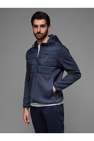 OMBRE Men's lightweight jacket with hood and decorative quilting - navy blue V4 OM-JANP-0160