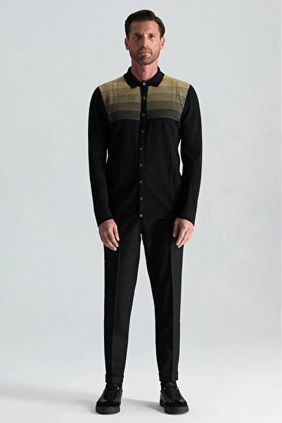 Hemington Merino Yün Pamuk Karışım Şerit Desenli Düğmeli Siyah Triko Gömlek